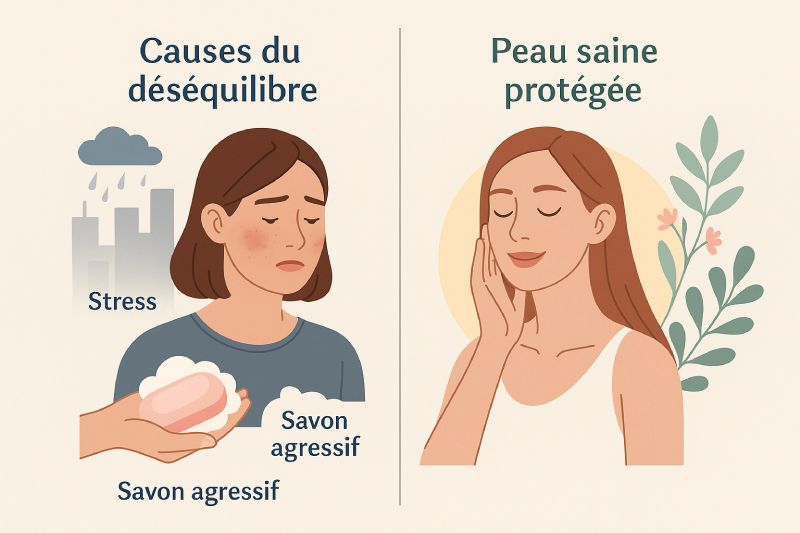 Illustrazione delle cause dello squilibrio del microbiota cutaneo: stress e cosmetici aggressivi